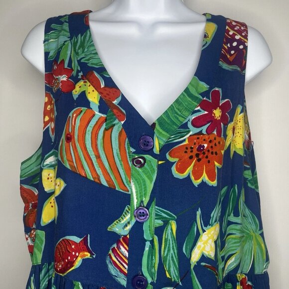 Vintage 80s Saint Tropez West Mini Shift Dress Size 16 Tropical Fish Sea Life - Picture 2 of 9